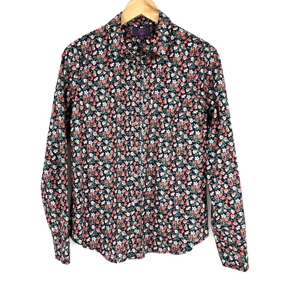J Crew Top Size 6 Womens Navy Green Slim Perfect Shirt Liberty Sarah Floral